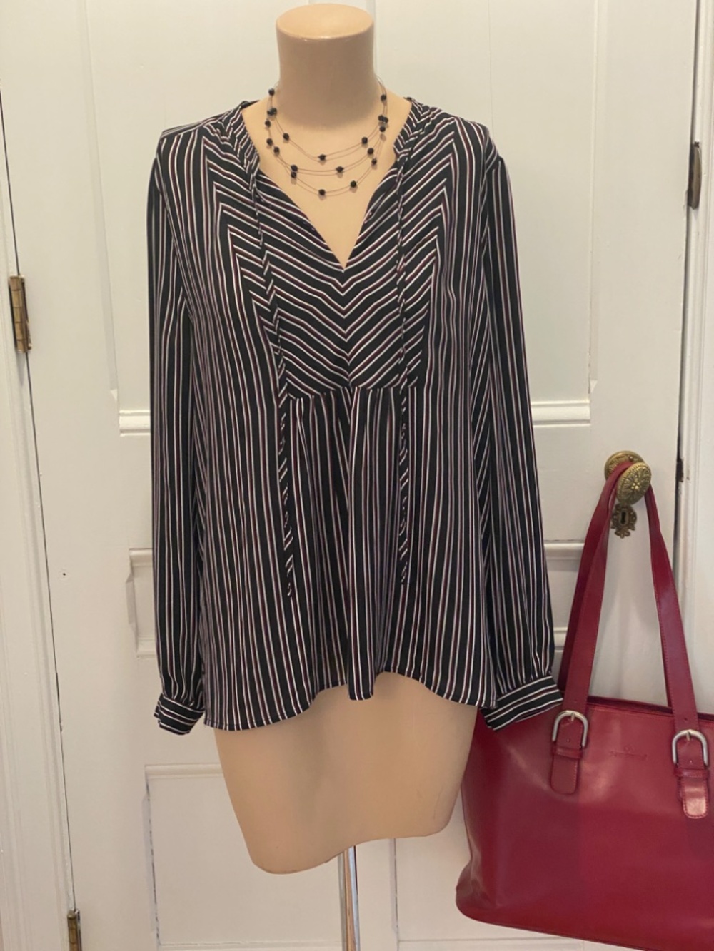 LOFT‎ Striped Blouse - Black/Red/White - Size L